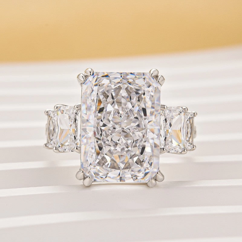 10.0Ct Radiant Cut Three Stone Luxe Engagement Ring In Sterling Silver Everyday Durability Trendy Style