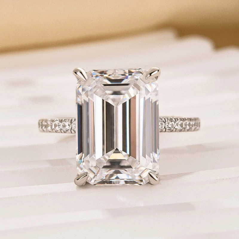 Personal Favorite 10Ct Emerald Cut Engagement Ring With Hidden Halo In Sterling Silver