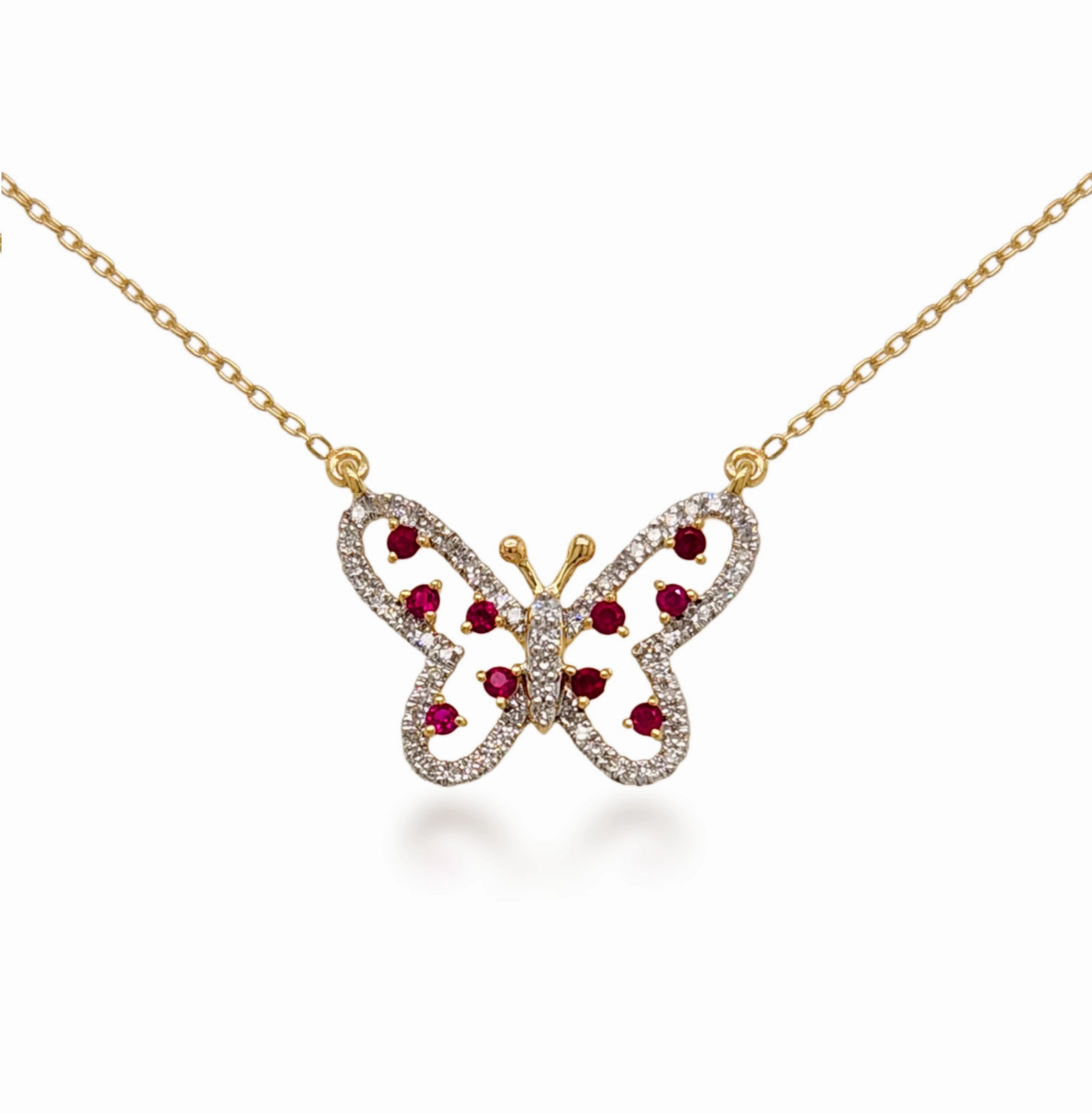 10K Gold Micropave Diamond Butterfly With Ruby Necklace Polished Line Shiny Jewelry Look