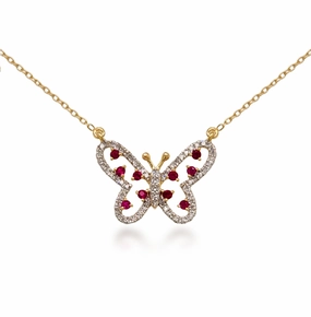 10K Gold Micropave Diamond Butterfly With Ruby Necklace Polished Line Shiny Jewelry Look