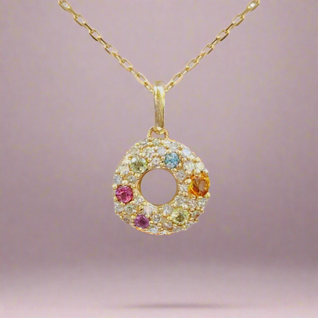 10k Gold Multicolor Sapphire Small Circle Necklace Camera Ready Trendy Fashion
