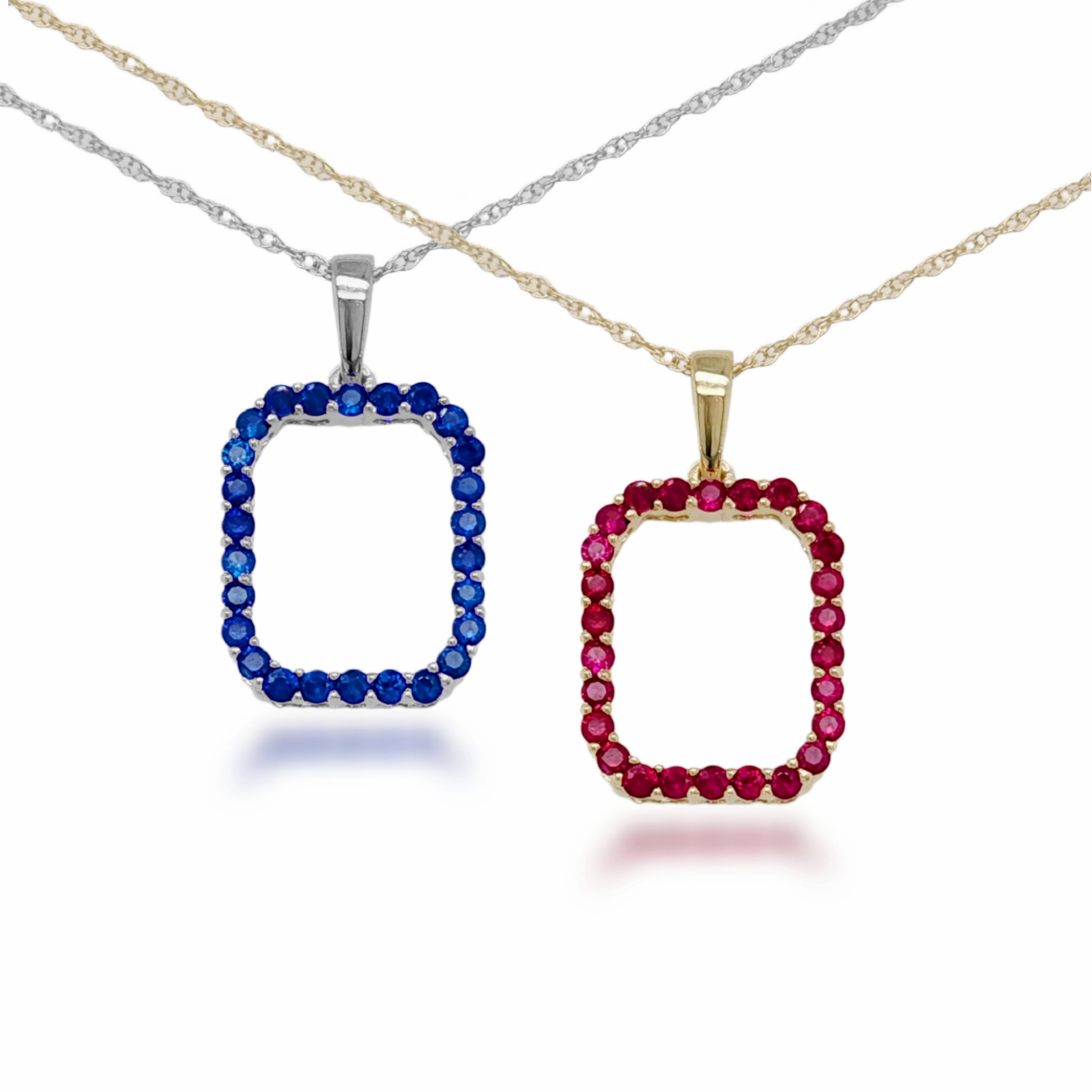 Stylish Addition Formal Look 10K Gold Rectangular Sapphire or Ruby Pendant Necklace