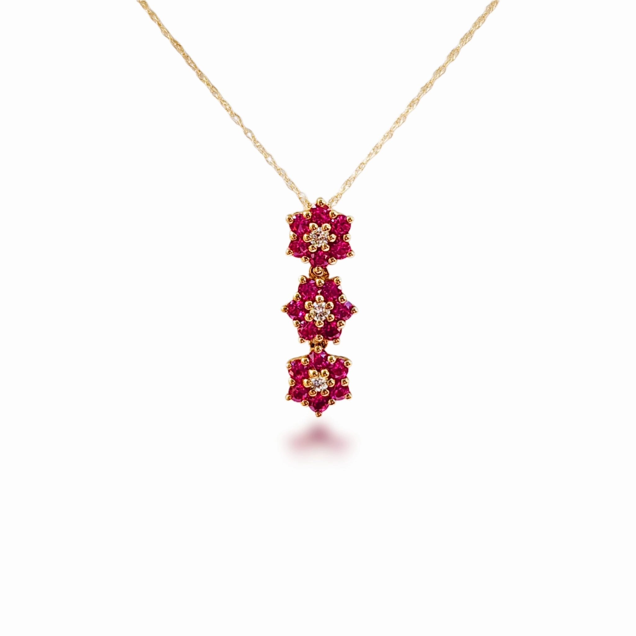10k Gold Three Diamond and Created Ruby Flower Pendant Necklace Effortless Chic fashion charm