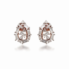 Refined Edge Camera Focus 10K Rose Gold Diamond Baguettes Teardrop Stud Earrings