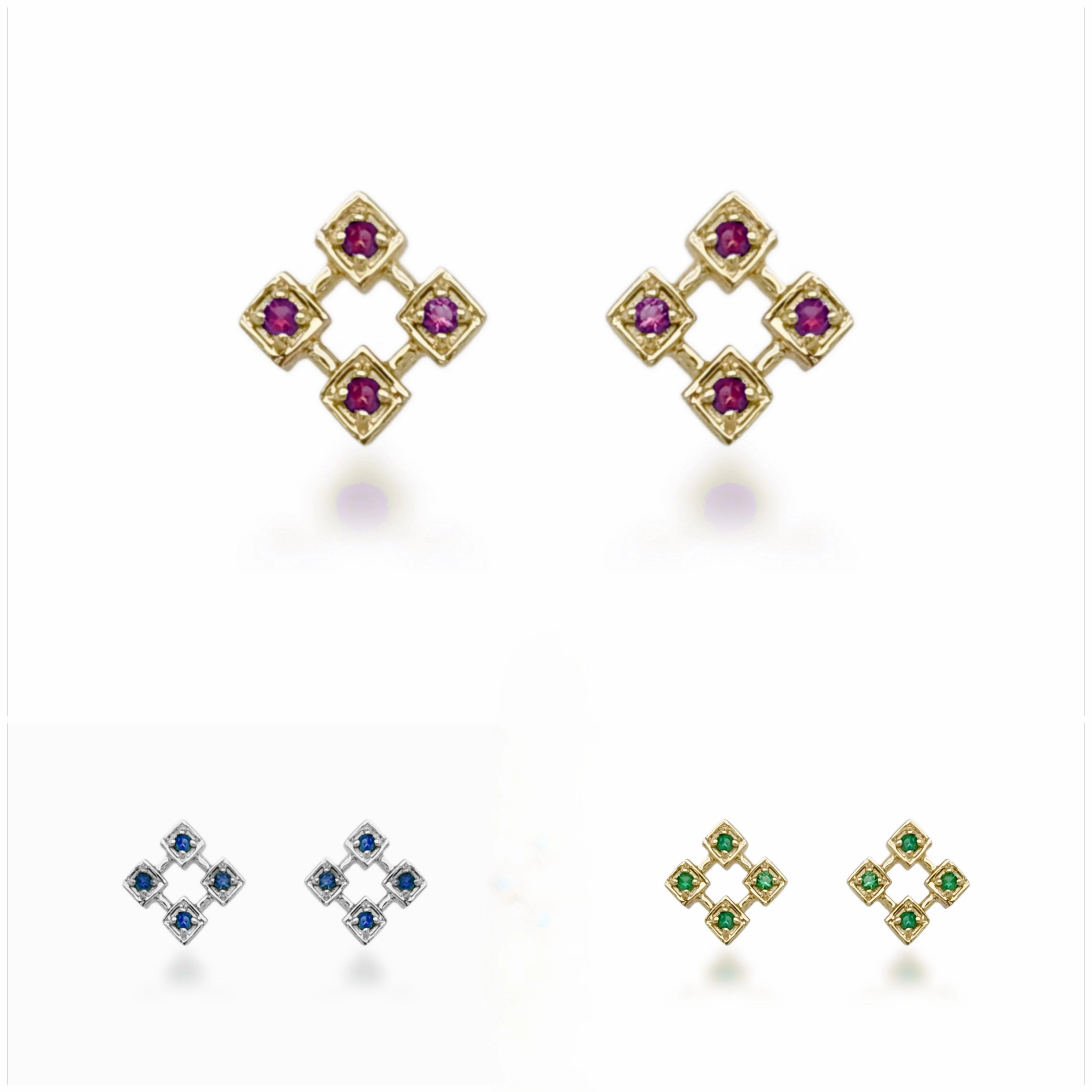 10K Ruby, Sapphire, or Emerald Diamond Shaped Stud Earrings Sophisticated Glam Bridesmaid Gift