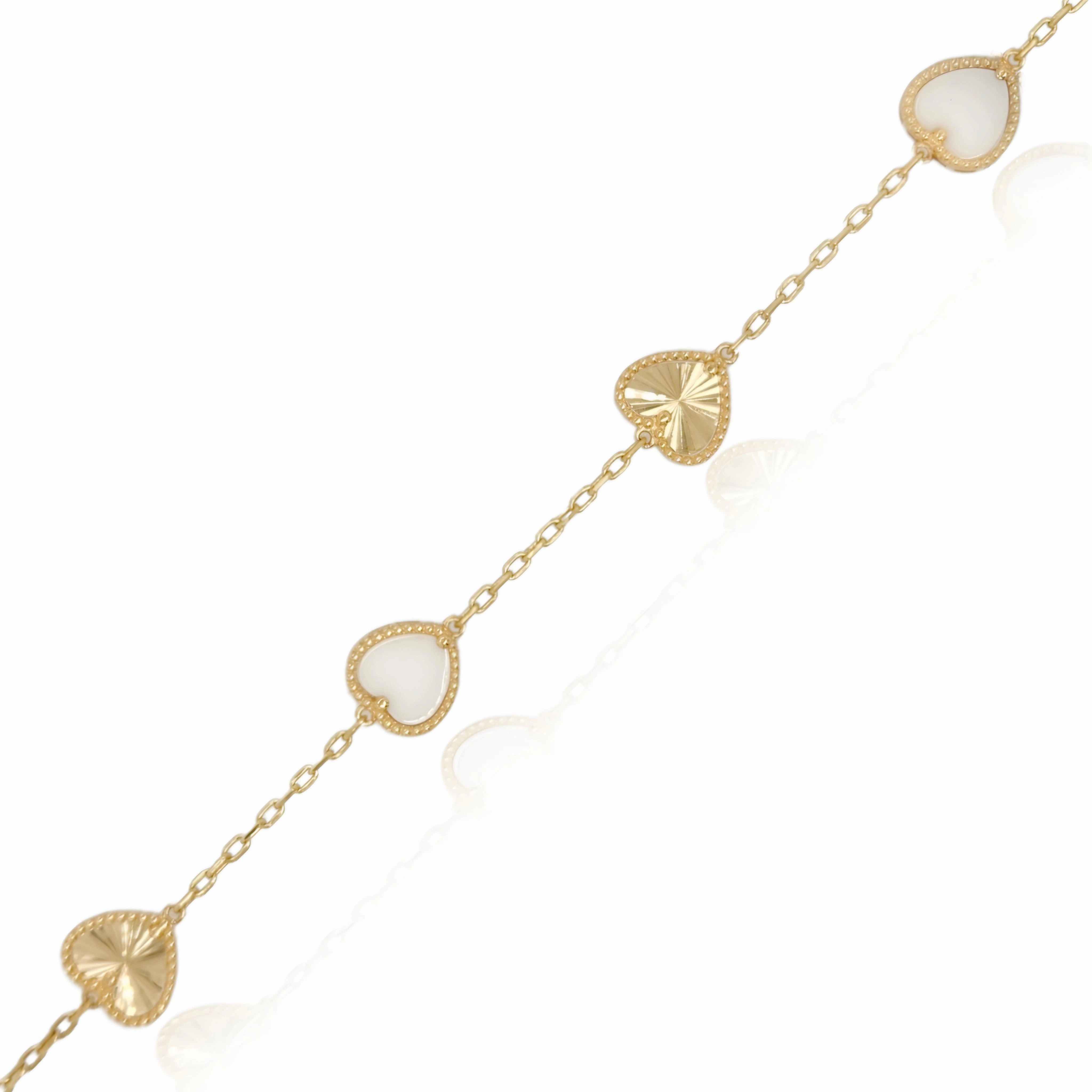Vivid Detail Light Play 14k Gold Alternating Mother of Pearl and Gold Heart Bracelet