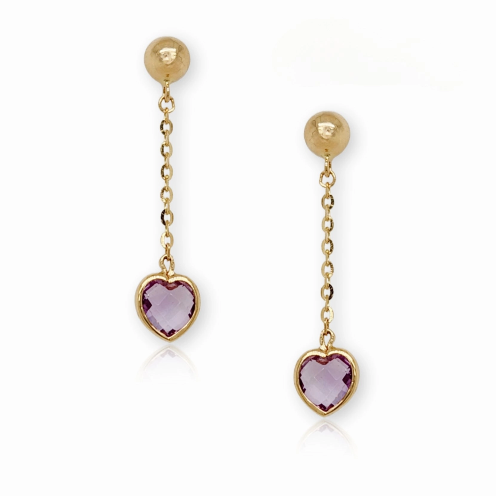 Timeless Gem 14k Gold Ball with Purple Amethyst Heart Dangle Earrings