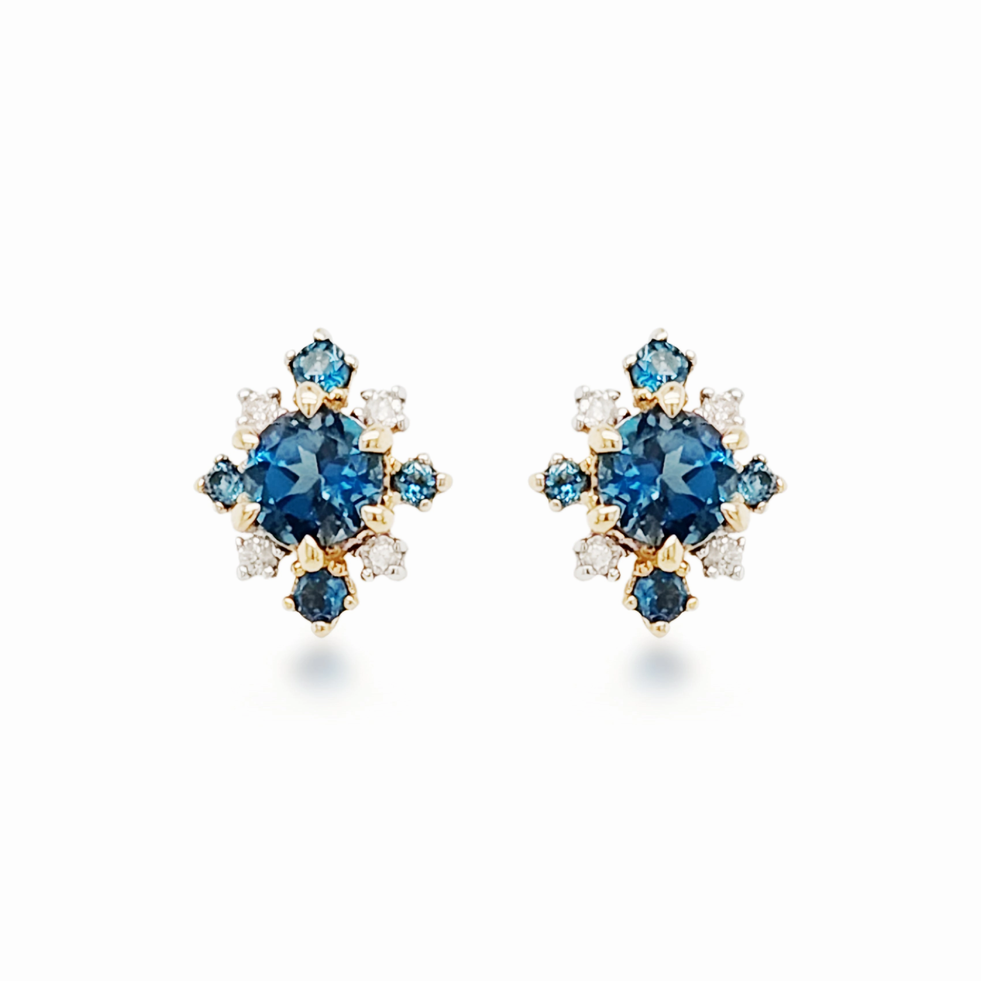 14K Gold Diamond with Light Blue Topaz Stones Stud Earrings Chic Pop