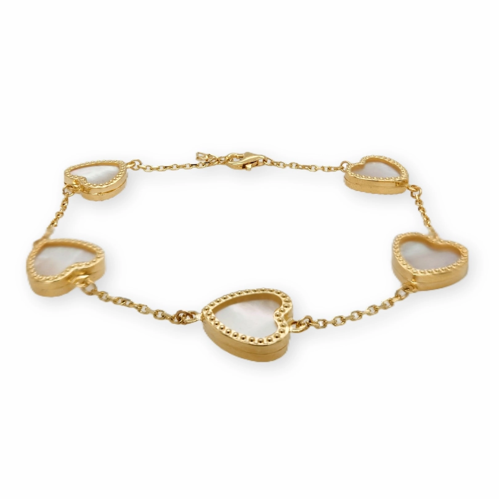 14k Gold Mother of Pearl Hearts With Beaded Border Bracelet Lifestyle Fit Seasonal Sparkle
