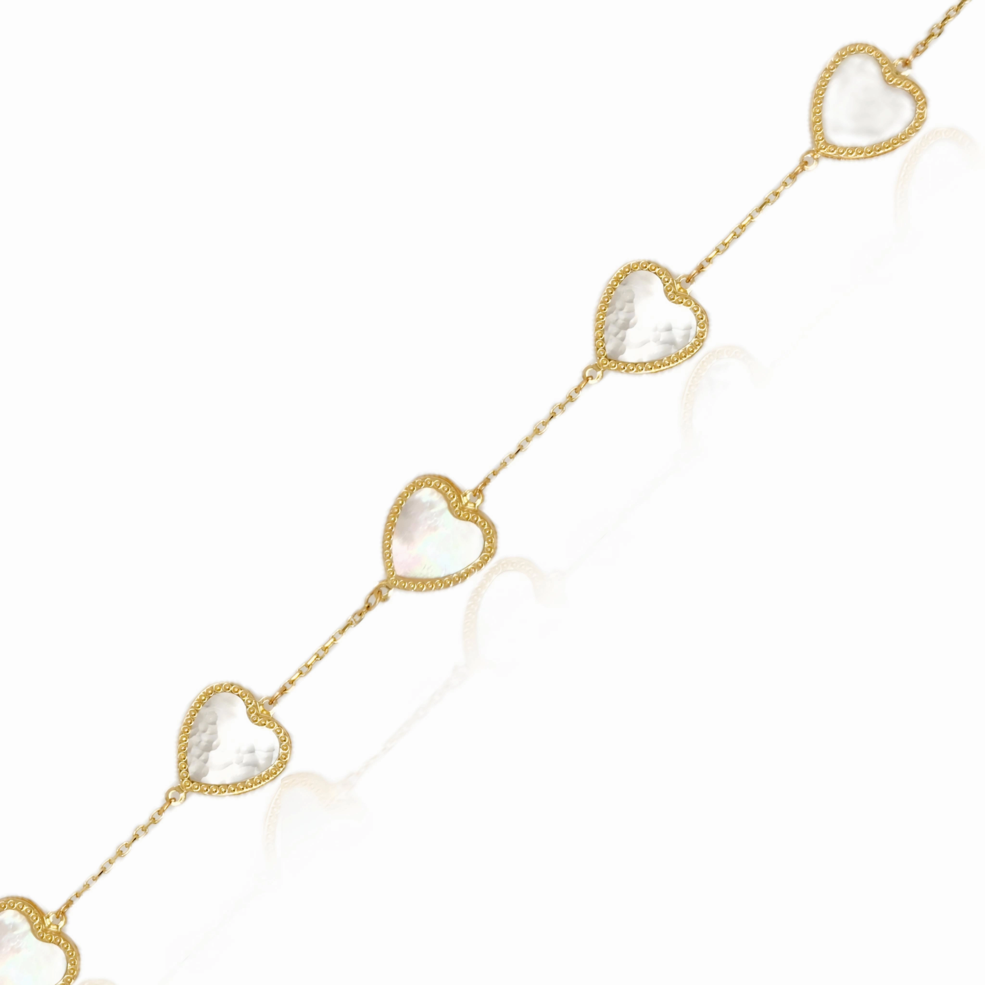 Luxury Accent 14k Gold Mother of Pearl Hearts With Beaded Border Bracelet