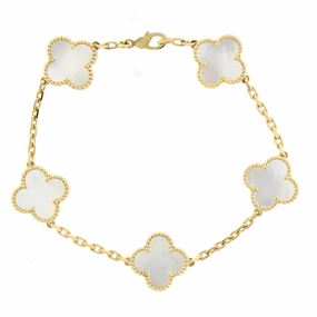 Luxury Gift 14k Gold Mother of Pearl With Beaded Border Clover Bracelet