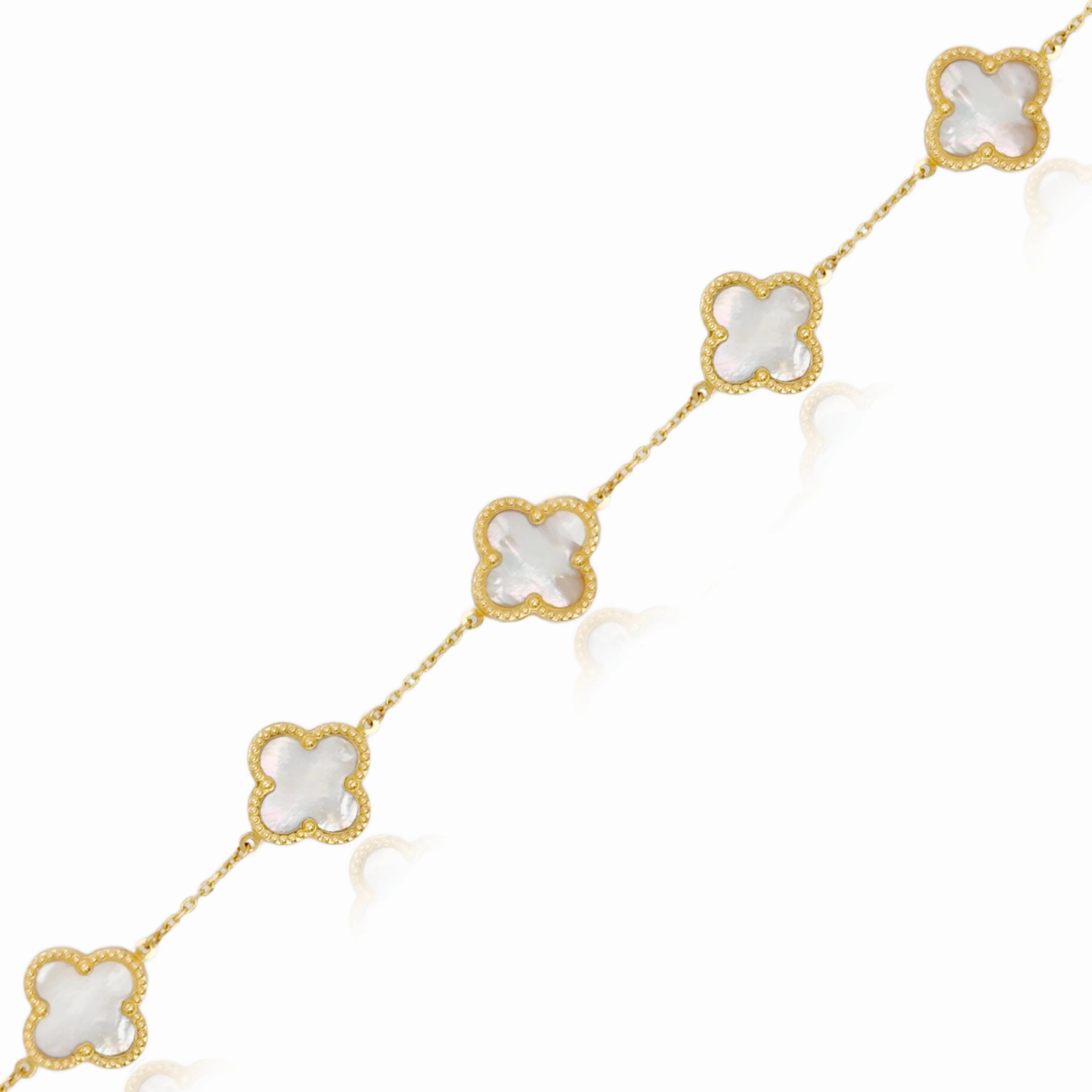 Soft Accent Glossy Accent 14k Gold Mother of Pearl With Beaded Border Clover Bracelet