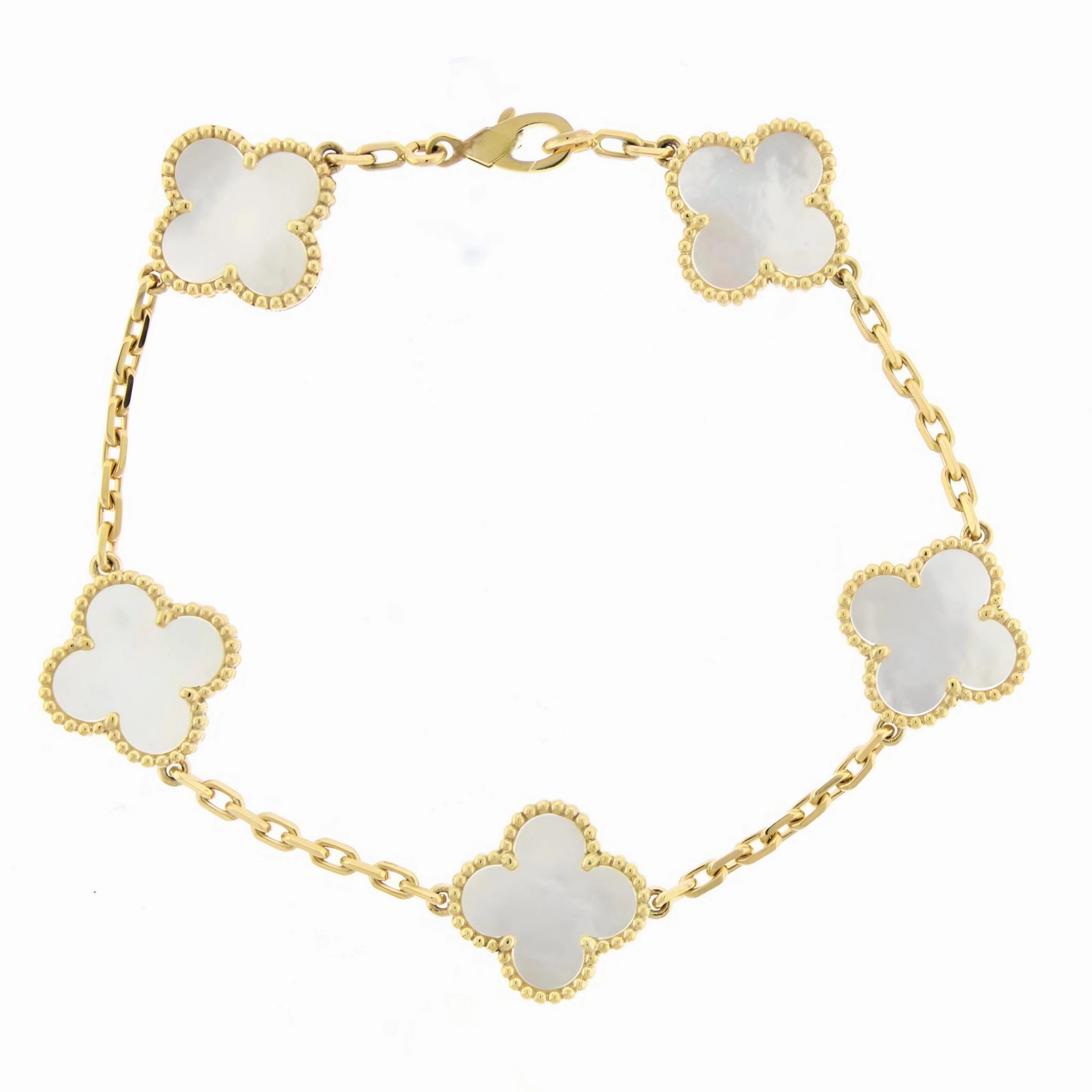 Luxury Gift 14k Gold Mother of Pearl With Beaded Border Clover Bracelet