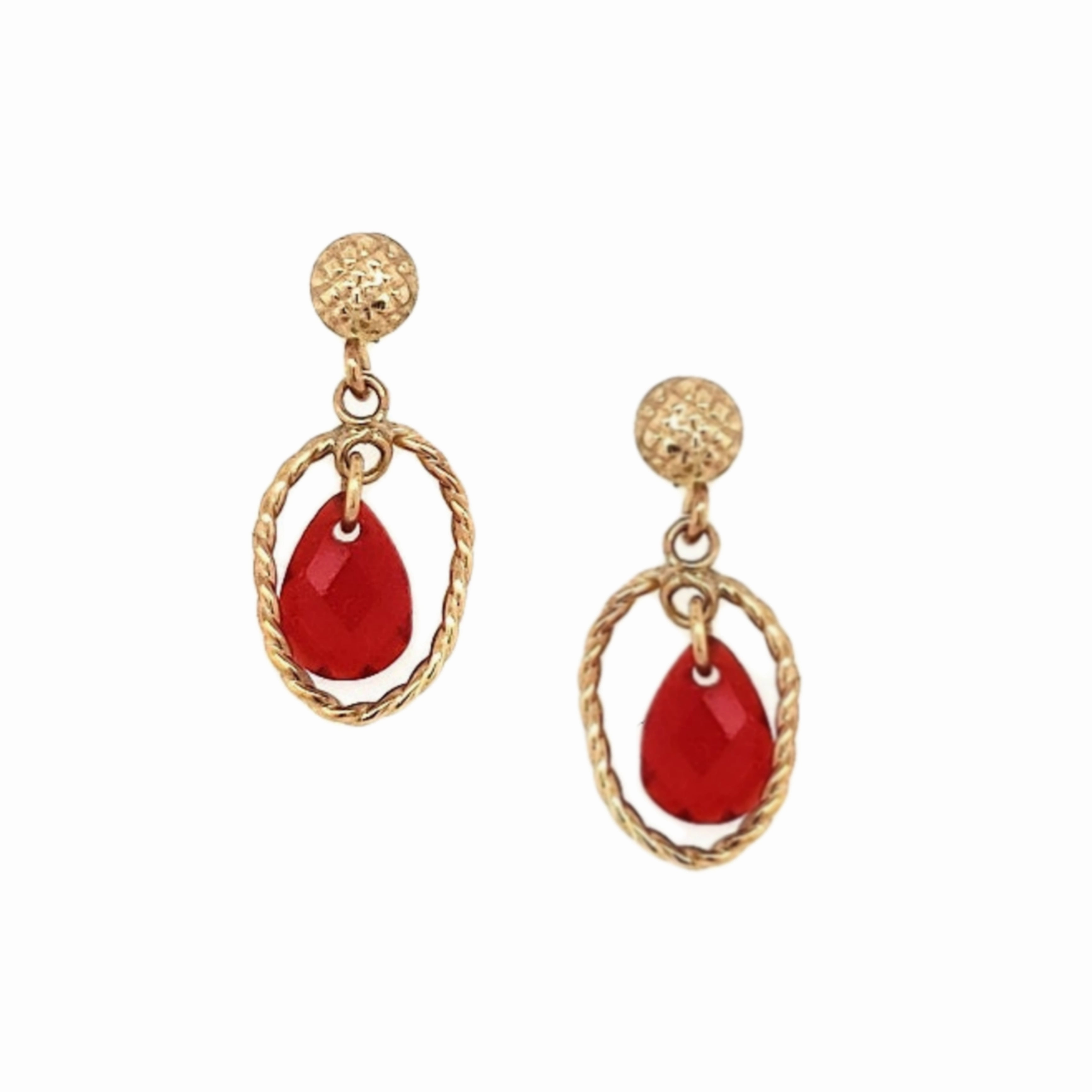 Splendid Shine Dazzling Detail 14k Gold Open Oval With Center Red CZ Teardrop On Screwback Post Earring
