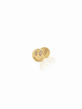 Polished Style 14K Gold Push Flat Back Diamond Smiley Face Earring