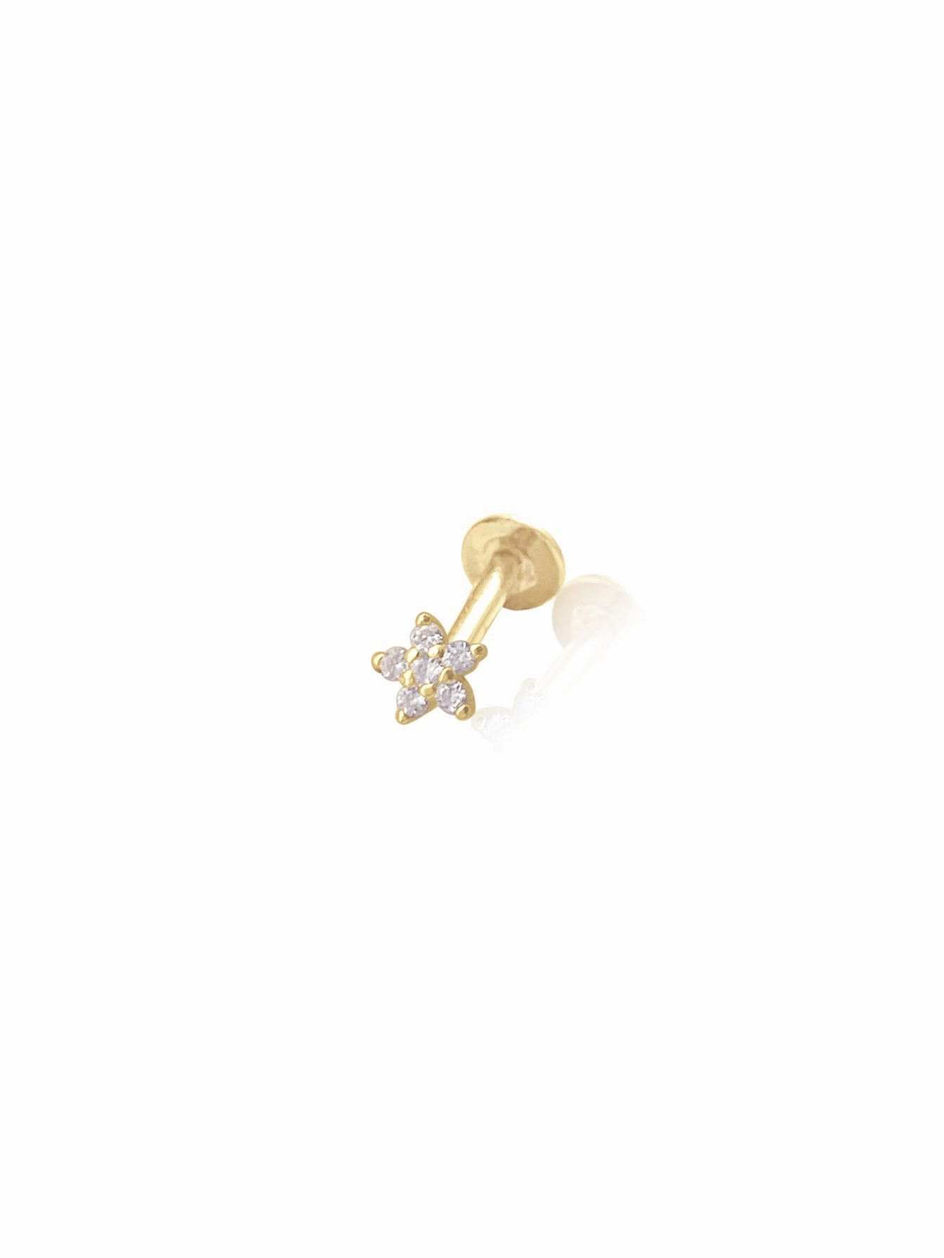 14K Gold Push Flat Back Mini Diamond Flower Earring Simple Look Delicate Feature