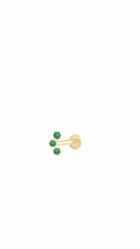 14K Gold Push Flat Back Three Emerald Earring Corporate Piece Iridescent Accessory