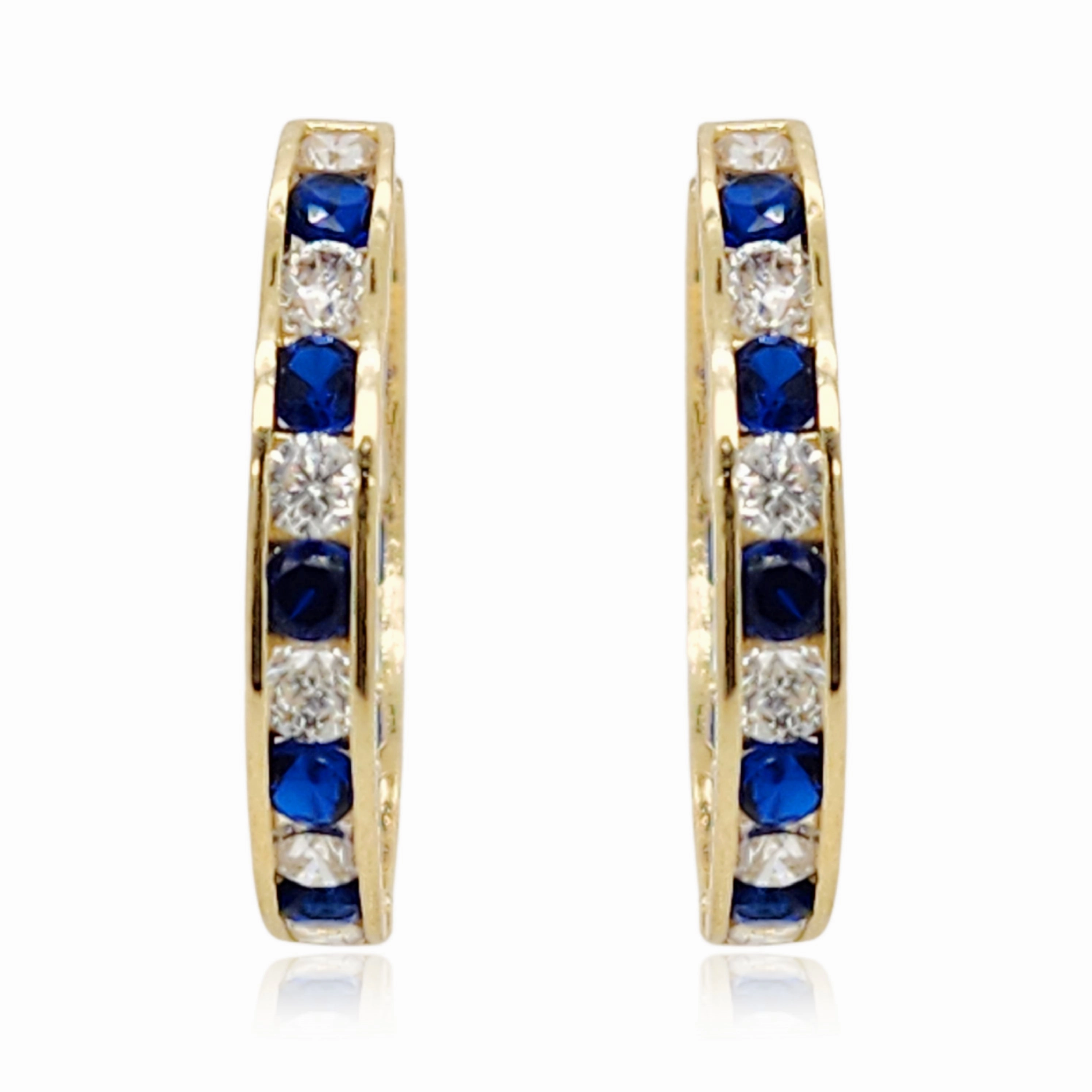Fresh Mood 14k Gold Round Sapphire and Clear CZ Hoop Earrings