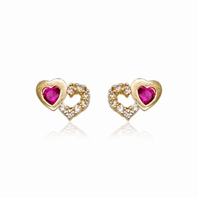 14k Gold Small Double Heart With Ruby CZ Stud Earrings Timeless Design