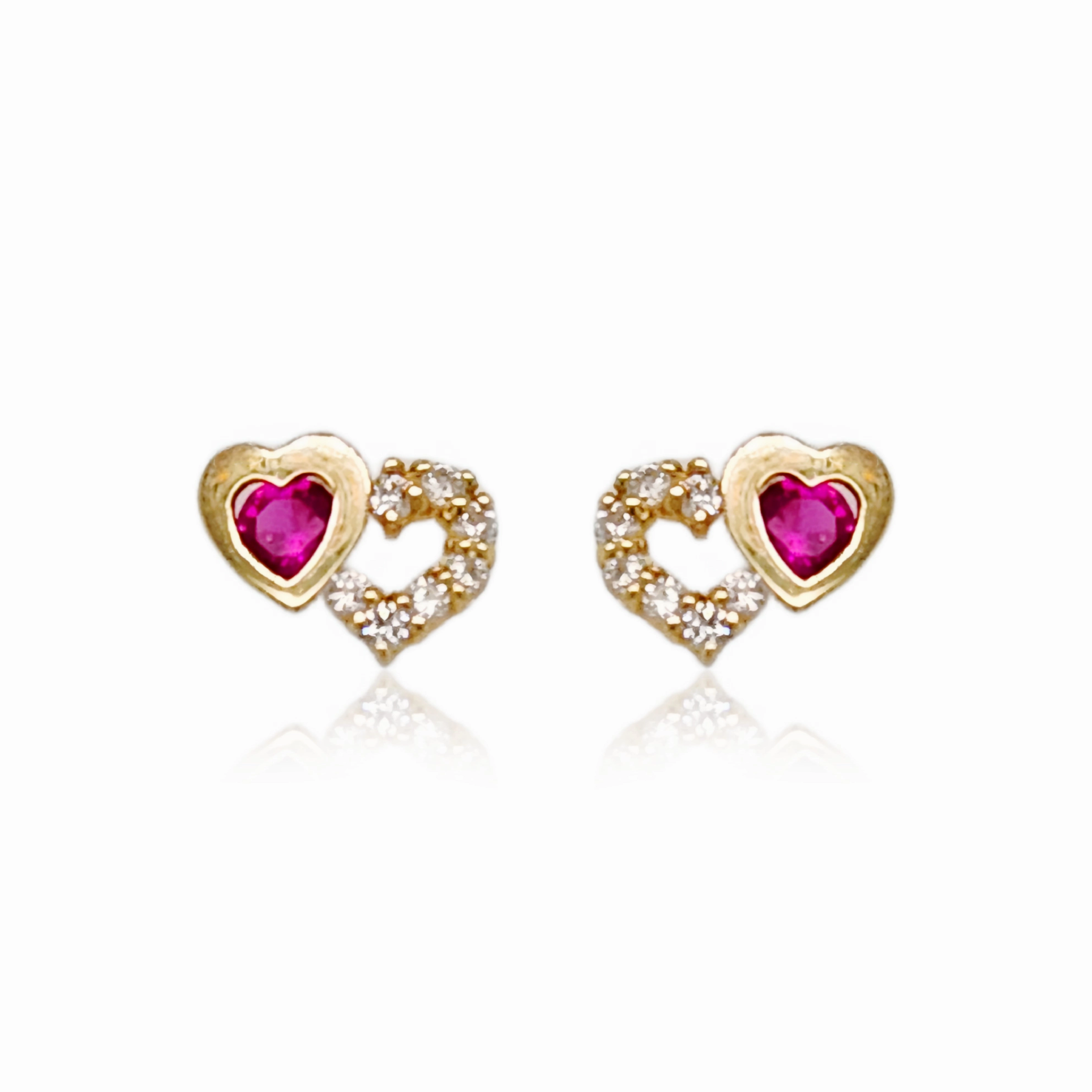 14k Gold Small Double Heart With Ruby CZ Stud Earrings Timeless Design
