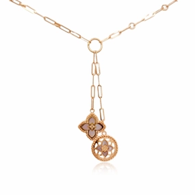 Seasonal Pairing 14K Rose Gold Clover Lariat Necklace On Paperclip Chain