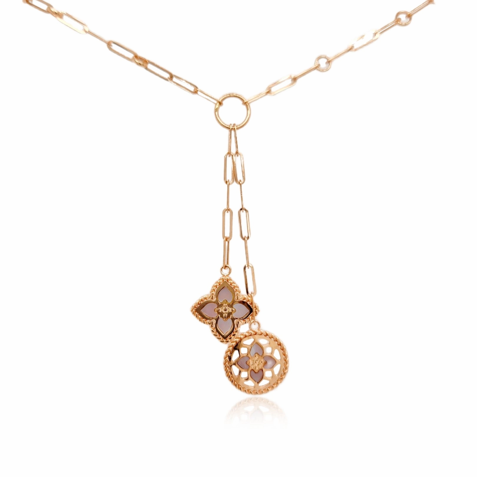 Seasonal Pairing 14K Rose Gold Clover Lariat Necklace On Paperclip Chain