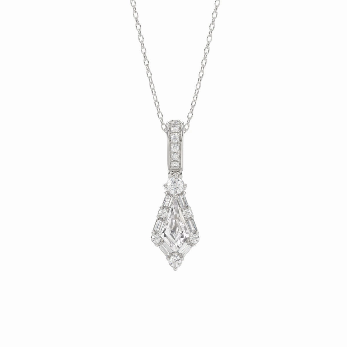 14K WHITE GOLD 1.00CT ROUND/BAGUETTE/KITE DIAMOND LADIES PENDANT WITH CHAIN Lustrous Craft