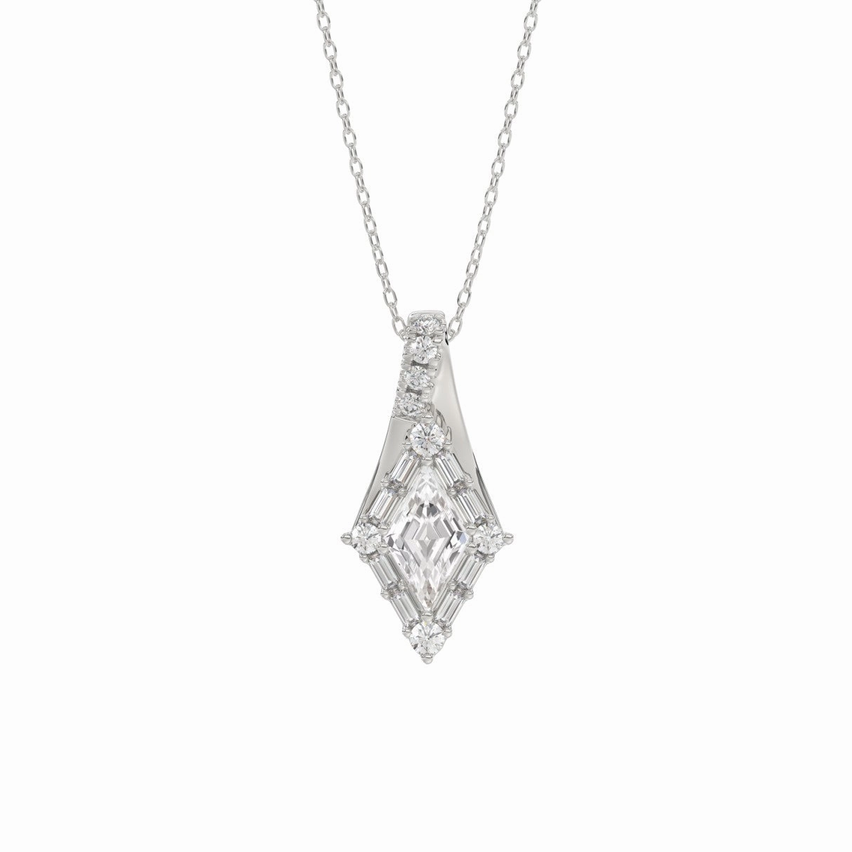 Chic Flash 14K WHITE GOLD 1.00CT ROUND/BAGUETTE/KITE STEP CUT DIAMOND LADIES PENDANT