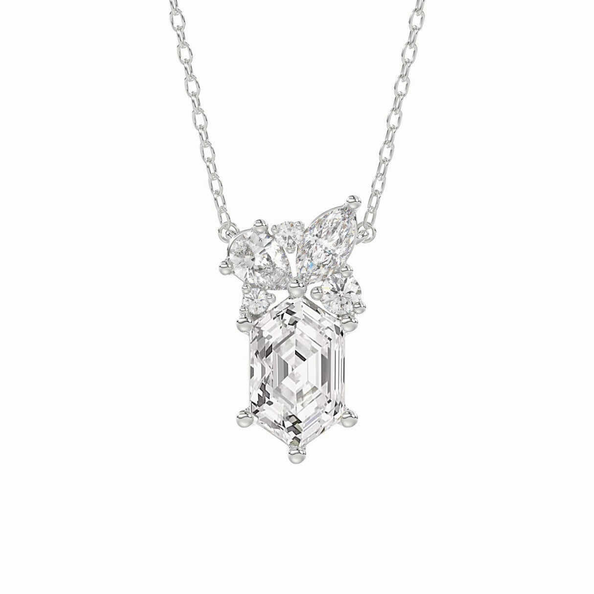 Statement Form 14K WHITE GOLD 1.00CT ROUND/MARQUISE/PEAR/LONG HEXAGON STEP CUT LADIES NECKLACE