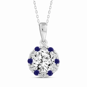 Creative Twist 14K WHITE GOLD 1 1/4CT ROUND/ ROUND BLUE SAPPHIRE DIAMOND LADIES PENDANT (CENTER STONE ROUND DIAMOND 1CT)