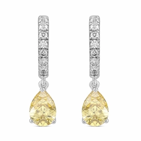 Soft Texture Soft Light 14K WHITE GOLD 2.00CT ROUND/YELLOW PEAR DIAMOND LADIES HOOP EARRINGS