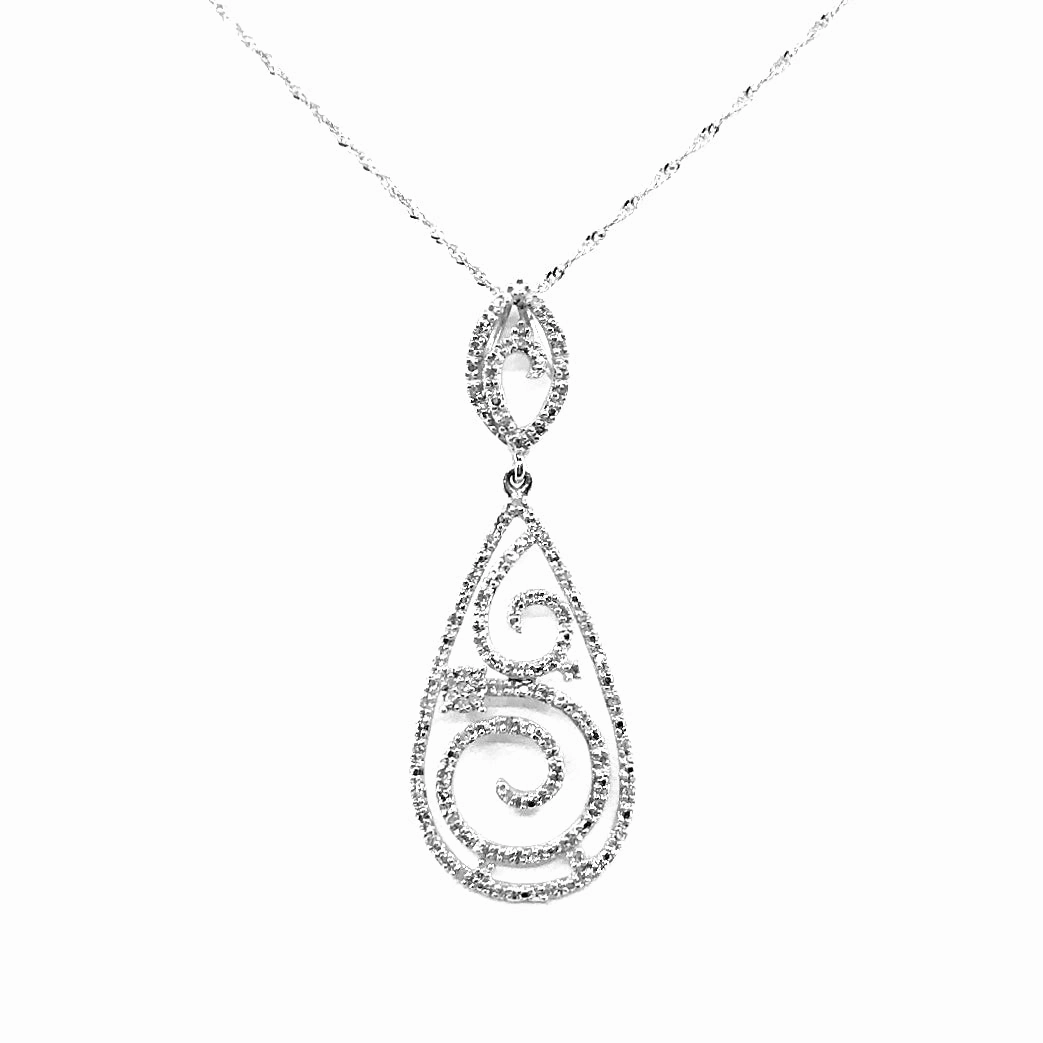14K White Gold and Diamond Teardrop Pendant Necklace Texture Highlight