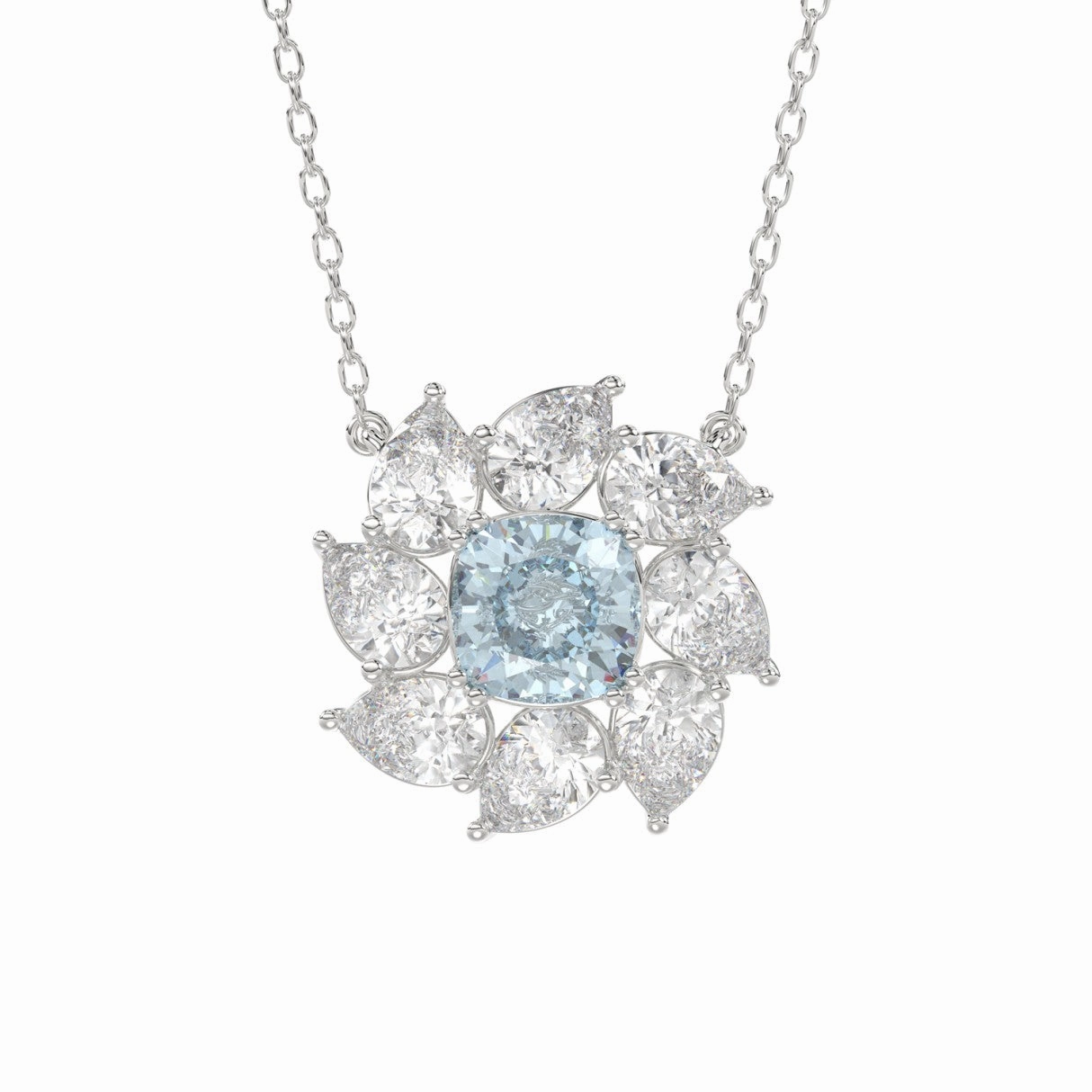 14K WHITE GOLD CRAFTED WITH 18K YELLOW GOLD BACK PLATE 2CT PEAR/BLUE CUSHION DIAMOND LADIES NECKLACE WITH CHAIN Crisp Accent