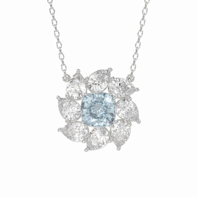 14K WHITE GOLD CRAFTED WITH 18K YELLOW GOLD BACK PLATE 2CT PEAR/BLUE CUSHION DIAMOND LADIES NECKLACE WITH CHAIN Crisp Accent