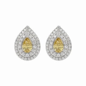 Cozy Glam Premium Style 14K WHITE GOLD CRAFTED WITH 18K YELLOW GOLD BACK PLATE 3 1/4CT ROUND/YELLOW PEAR DIAMOND LADIES EARRINGS