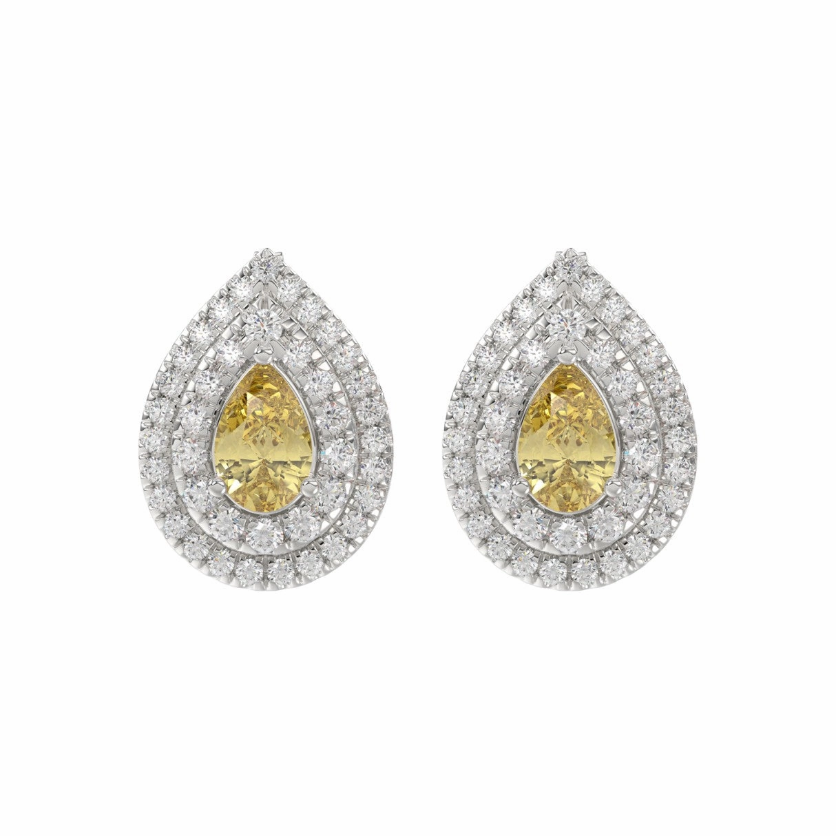 Cozy Glam Premium Style 14K WHITE GOLD CRAFTED WITH 18K YELLOW GOLD BACK PLATE 3 1/4CT ROUND/YELLOW PEAR DIAMOND LADIES EARRINGS