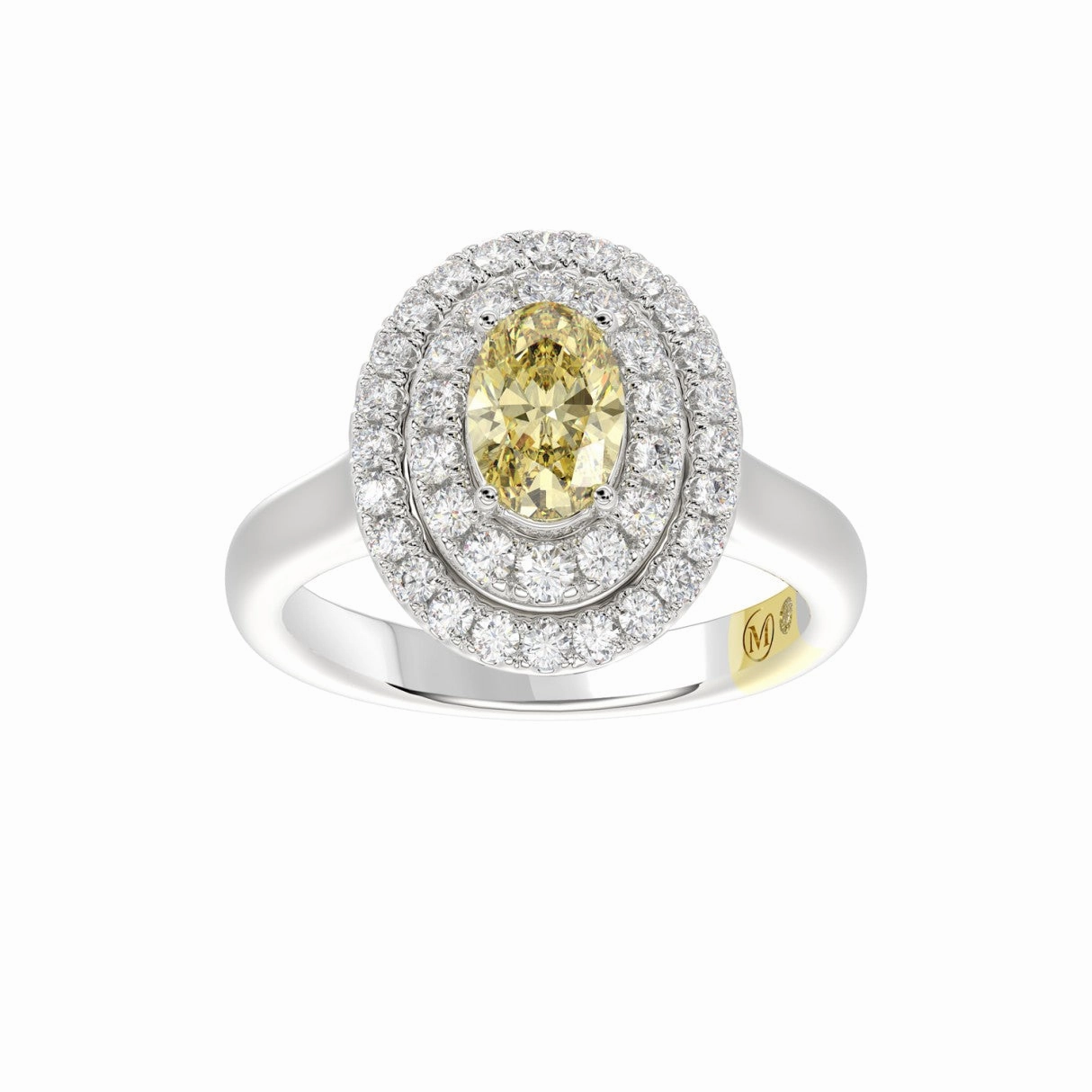 14K WHITE GOLD CRAFTED WITH 18K YELLOW GOLD SHANK  1 1/2CT ROUND/YELLOW OVAL DIAMOND LADIES RING Lively Detail