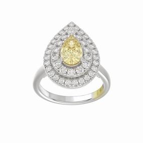 14K WHITE GOLD CRAFTED WITH 18K YELLOW GOLD SHANK  2 1/2CT ROUND/YELLOW PEAR DIAMOND LADIES RING Gold Accent Elegant Gem