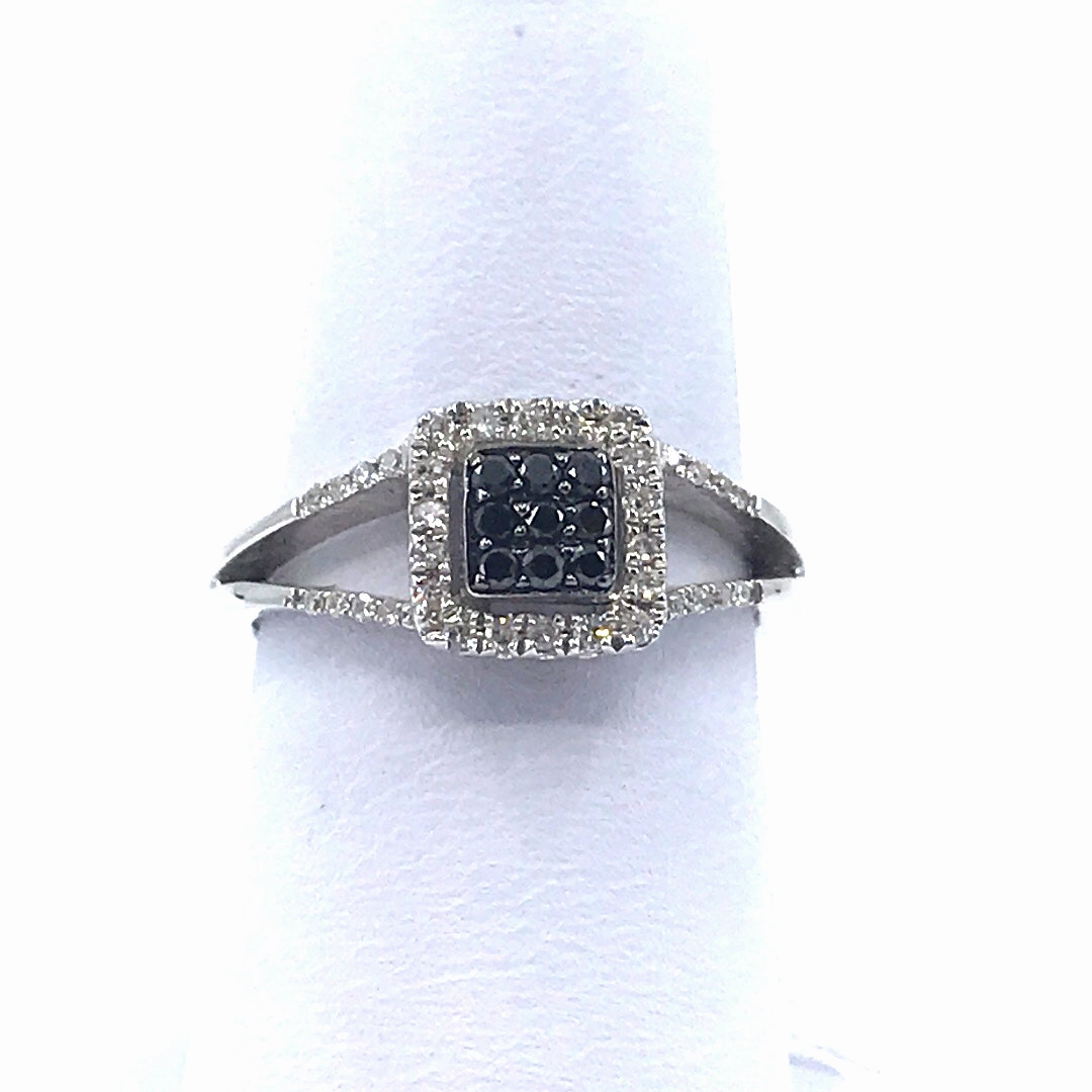Refined Lines 14K White Gold Ring with Micro Pave Black Diamonds