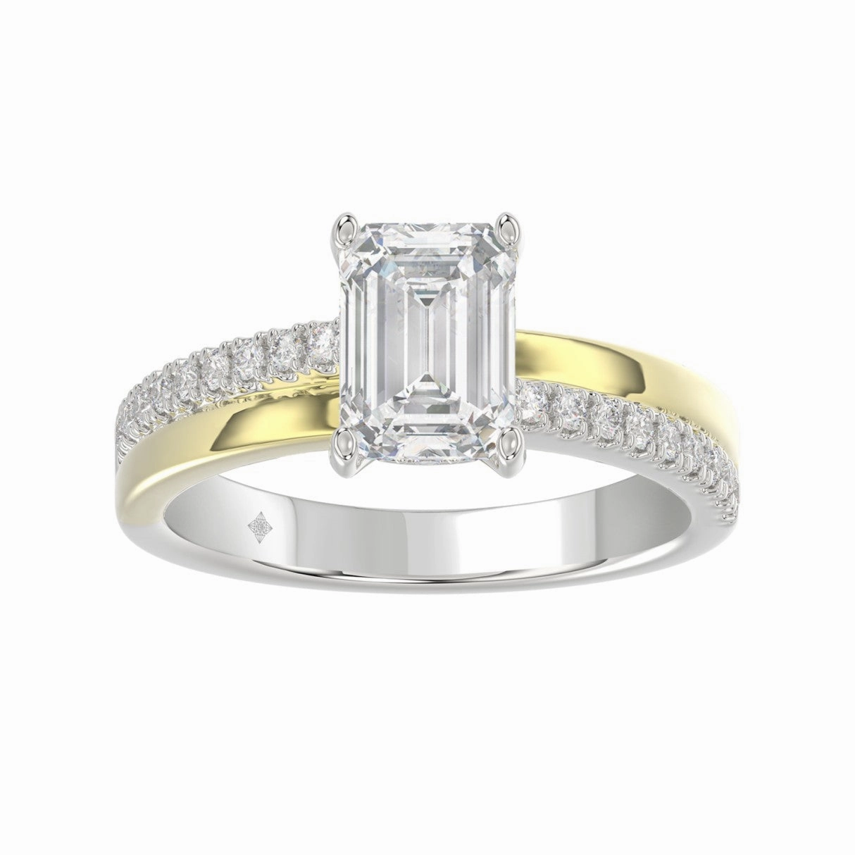 Modern Vibe Inspired Accent 14K WHITE/YELLOW GOLD 2 1/4CT ROUND/EMERALD CUT DIAMOND LADIES RING (CENTER STONE EMERALD CUT DIAMOND 2CT)