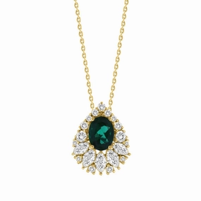 14K YELLOW GOLD 1.00CT ROUND/MARQUISE/OVAL DIAMOND LADIES PENDANT WITH CHAIN (CENTER STONE EMERALD OVAL DIAMOND 1 1/4CT) Charming Touch Power Look