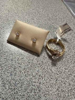 Chic Craft 14KTY Marq Diamond Ring & 14KTY .25TW Diamond Earrings