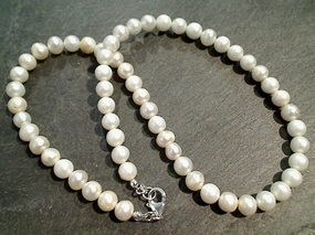 16" White Pearl 6mm Necklace, Sterling Silver Clasp Refined Light
