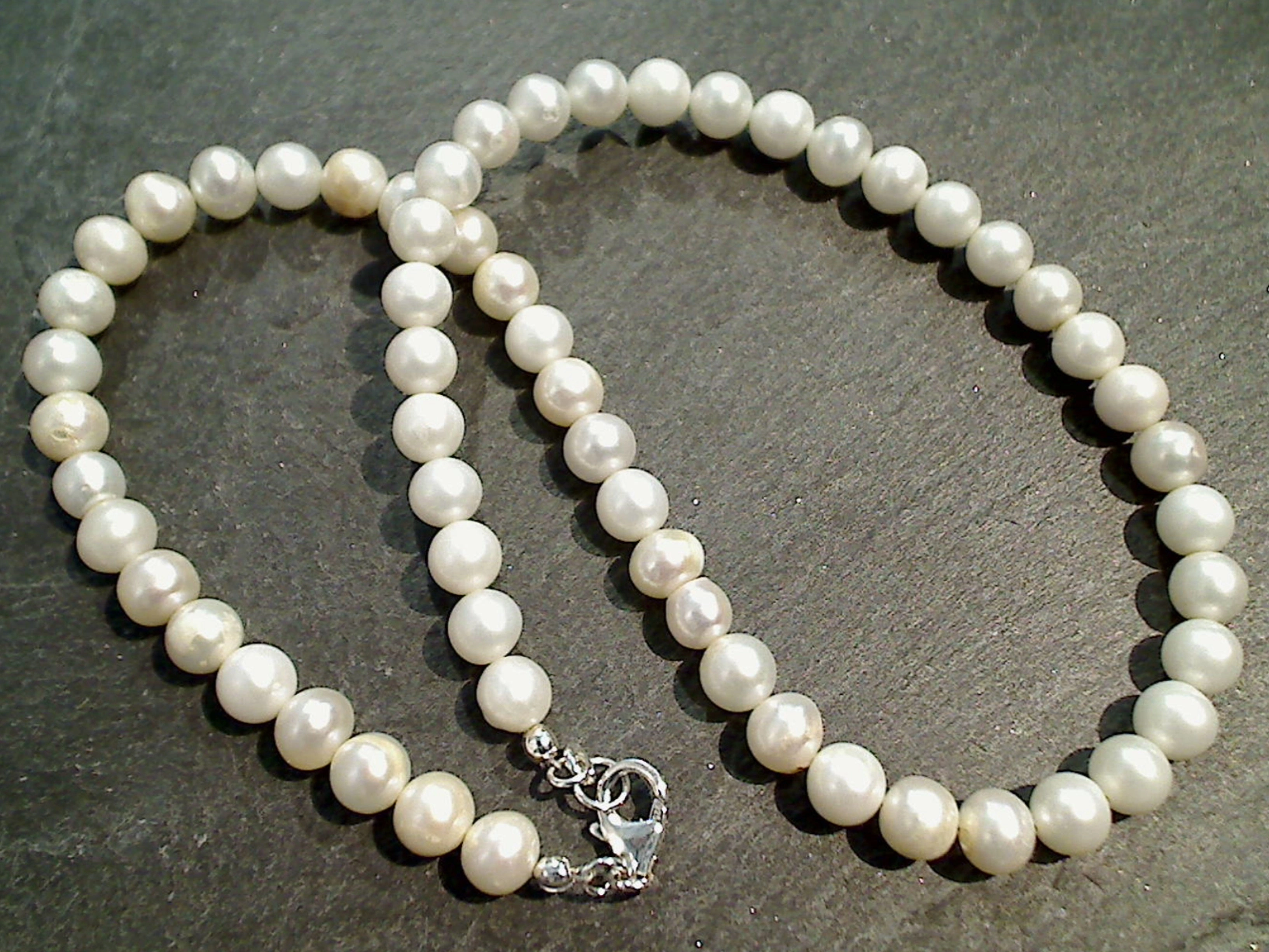 16" White Pearl 6mm Necklace, Sterling Silver Clasp Refined Light