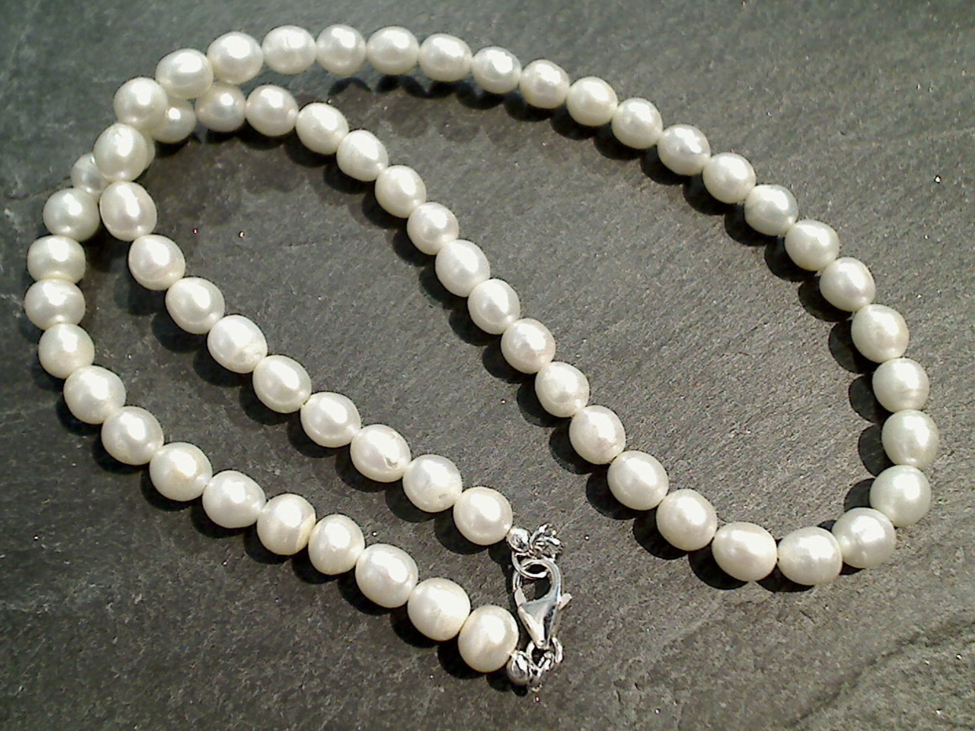 Unique Shape Sleek Glamour 18" White Pearl 6mm Necklace, Sterling Silver Clasp