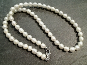 Unique Shape Sleek Glamour 18" White Pearl 6mm Necklace, Sterling Silver Clasp