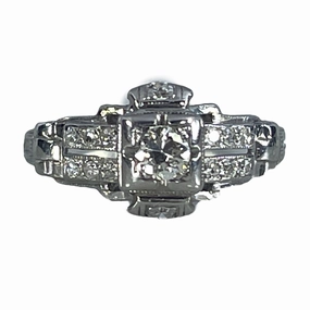 Essential Pair Shining Edge 1920s Antique Art Deco Diamond Engagement Ring in a Platinum Filigree Setting. April Birthstone.