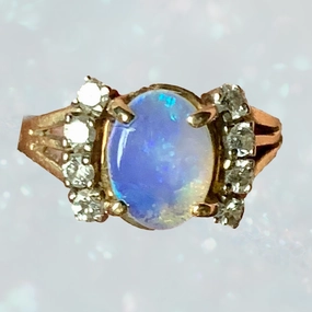 Mixed Metals 1940s Opal and Diamond Engagement Ring set in 14K Yellow Gold. October Birthstone.