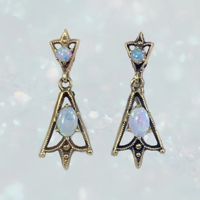 1940s Opal Drop Earrings in 14K Yellow Gold Setting. Old Hollywood Glam! October Birthstone. Ornate Design