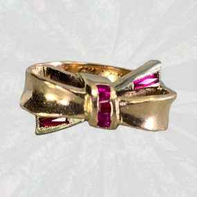 1940s Ruby Bow Shaped Ring set in 14K Yellow Gold. July Birthstone. 15th Anniversary Gift. Cool Layer Luxury Set